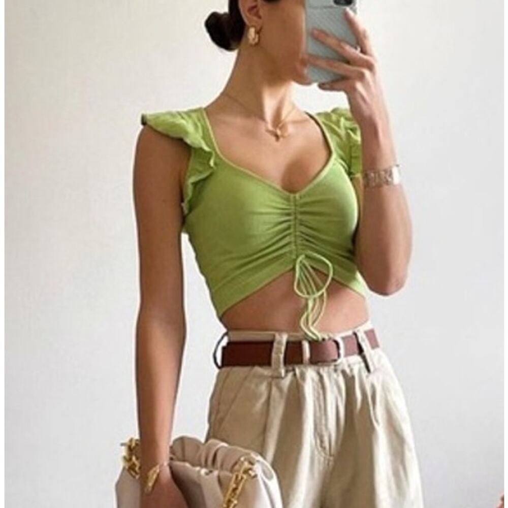 Zara NWT Green Ruched Drawstring Ruffle Crop Top L - Picture 7 of 16